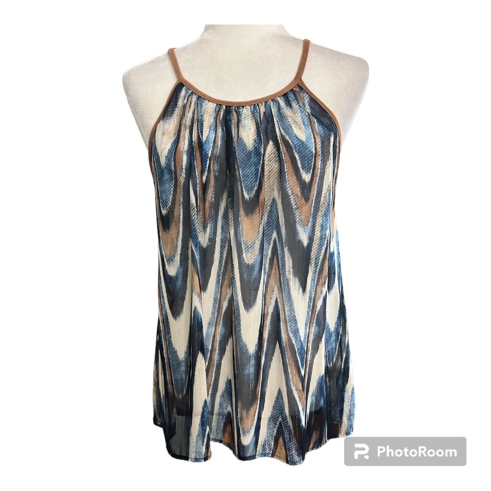 The Boutique Navy Wave Print Tan Suede Trim Tank Sz L